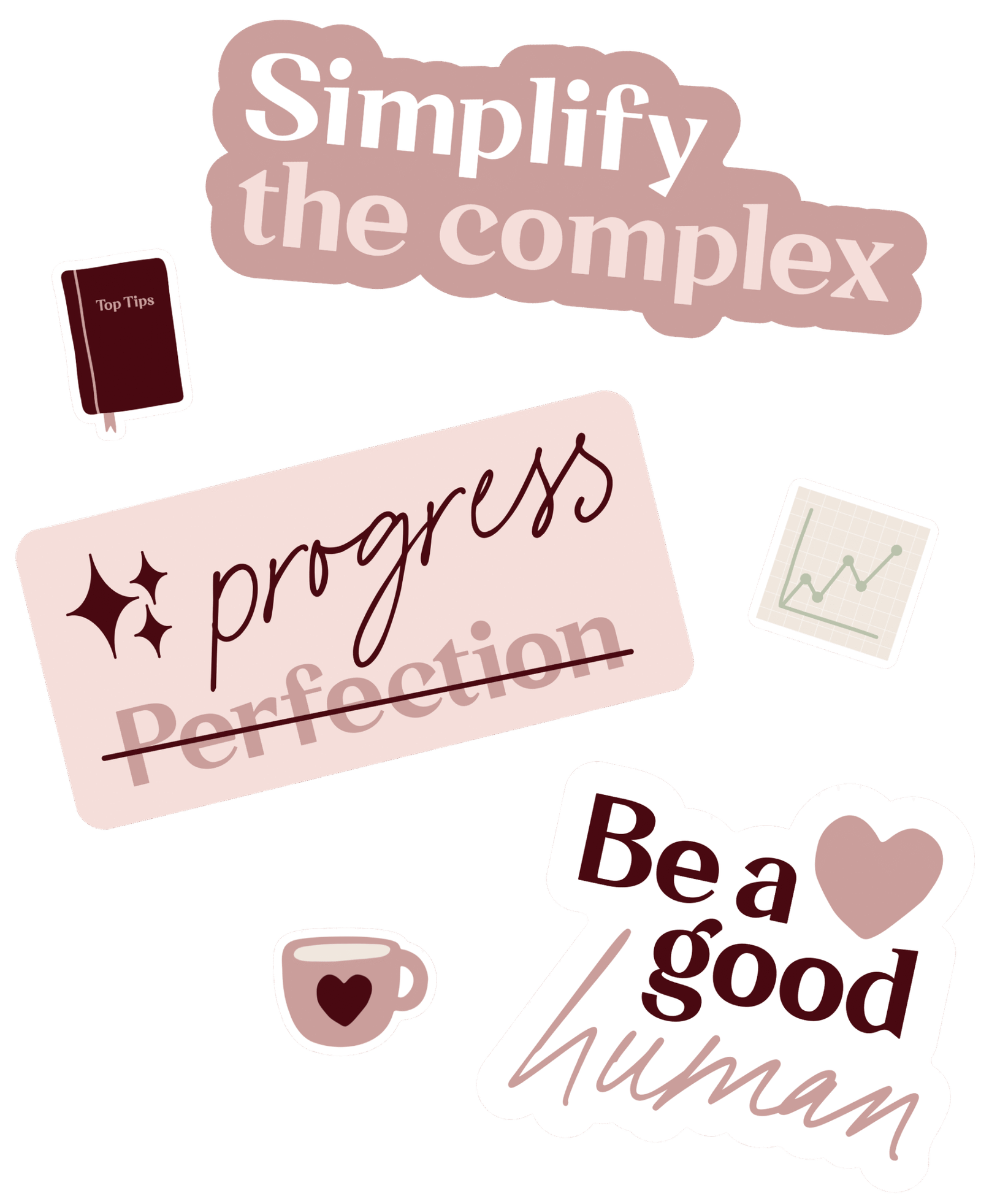 Visual collage of four core values from Nourished Accounting: “Simplify the complex,” “Progress over perfection” (with ‘Perfection’ crossed out), and “Be a good human.” Surrounded by illustrated icons: a top tips notebook, a steaming coffee cup with a heart, and a chart with upward growth — all in warm, muted tones that reflect the brand’s feel-good ethos.